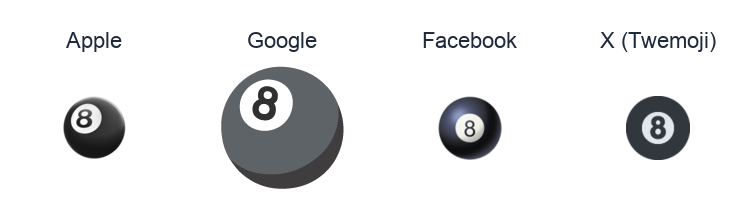 Billiards emoji artwork compared side by side for Apple, Google Noto, Facebook, and X Twemoji styles on white.