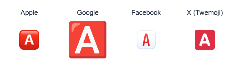 Negative Squared Latin Capital Letter A emoji artwork compared side by side for Apple, Google Noto, Facebook, and X Twemoji styles on white.