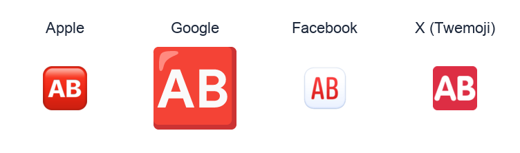 Negative Squared Ab emoji artwork compared side by side for Apple, Google Noto, Facebook, and X Twemoji styles on white.