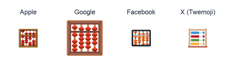 Abacus emoji artwork compared side by side for Apple, Google Noto, Facebook, and X Twemoji styles on white.