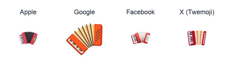 Accordion emoji artwork compared side by side for Apple, Google Noto, Facebook, and X Twemoji styles on white.
