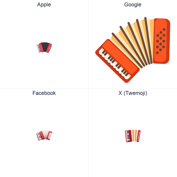 Accordion emoji in a square grid: Apple and Google on the top row, Facebook and X Twemoji on the bottom, on white.