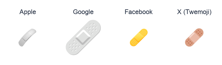 Adhesive Bandage emoji artwork compared side by side for Apple, Google Noto, Facebook, and X Twemoji styles on white.
