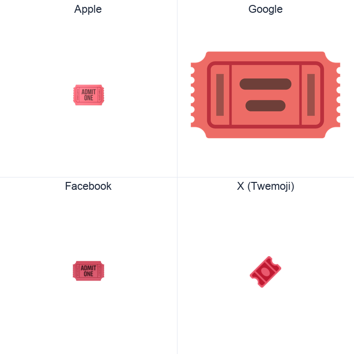 Admission Tickets emoji in a square grid: Apple and Google on the top row, Facebook and X Twemoji on the bottom, on white.