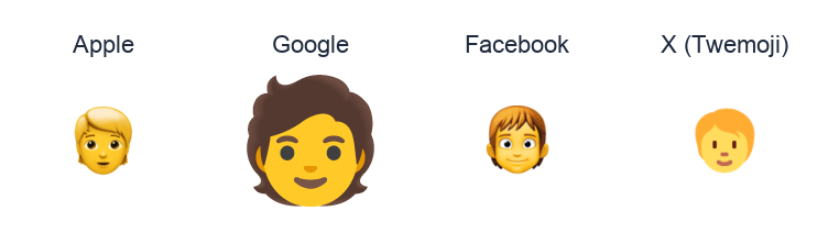 Adult emoji artwork compared side by side for Apple, Google Noto, Facebook, and X Twemoji styles on white.