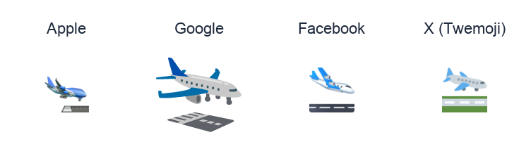 Airplane Arriving emoji artwork compared side by side for Apple, Google Noto, Facebook, and X Twemoji styles on white.