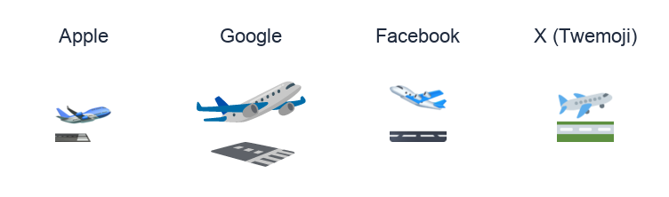 Airplane Departure emoji artwork compared side by side for Apple, Google Noto, Facebook, and X Twemoji styles on white.