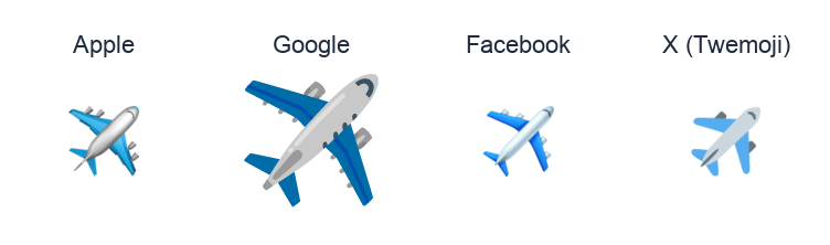 Airplane emoji artwork compared side by side for Apple, Google Noto, Facebook, and X Twemoji styles on white.