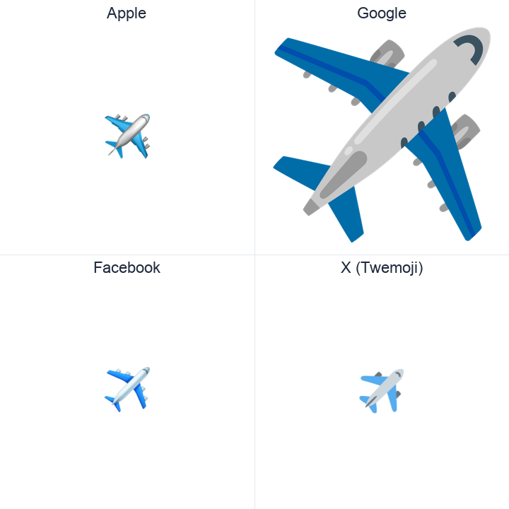 Airplane emoji in a square grid: Apple and Google on the top row, Facebook and X Twemoji on the bottom, on white.
