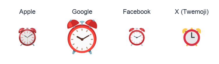 Alarm Clock emoji artwork compared side by side for Apple, Google Noto, Facebook, and X Twemoji styles on white.