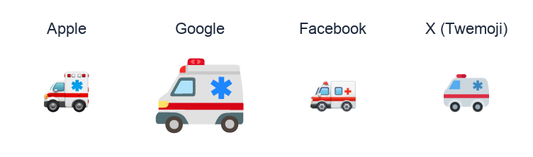Ambulance emoji artwork compared side by side for Apple, Google Noto, Facebook, and X Twemoji styles on white.