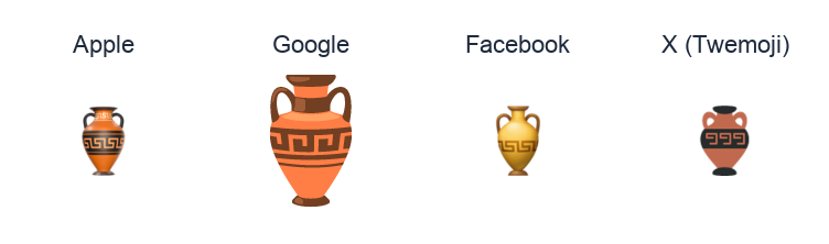 Amphora emoji artwork compared side by side for Apple, Google Noto, Facebook, and X Twemoji styles on white.