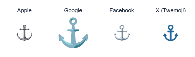 Anchor emoji artwork compared side by side for Apple, Google Noto, Facebook, and X Twemoji styles on white.