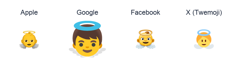Baby Angel emoji artwork compared side by side for Apple, Google Noto, Facebook, and X Twemoji styles on white.
