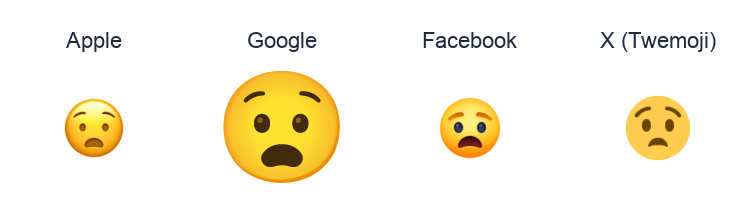 Anguished Face emoji artwork compared side by side for Apple, Google Noto, Facebook, and X Twemoji styles on white.
