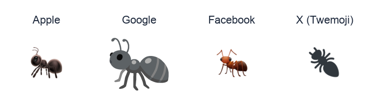 Ant emoji artwork compared side by side for Apple, Google Noto, Facebook, and X Twemoji styles on white.