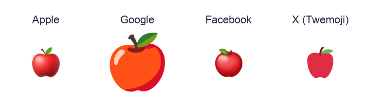 Red Apple emoji artwork compared side by side for Apple, Google Noto, Facebook, and X Twemoji styles on white.