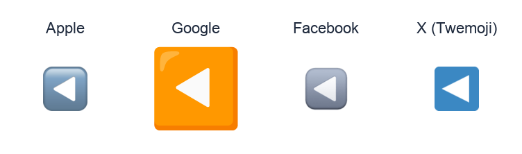 Black Left-Pointing Triangle emoji artwork compared side by side for Apple, Google Noto, Facebook, and X Twemoji styles on white.