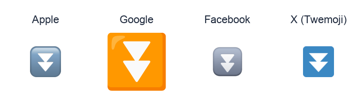 Black Down-Pointing Double Triangle emoji artwork compared side by side for Apple, Google Noto, Facebook, and X Twemoji styles on white.
