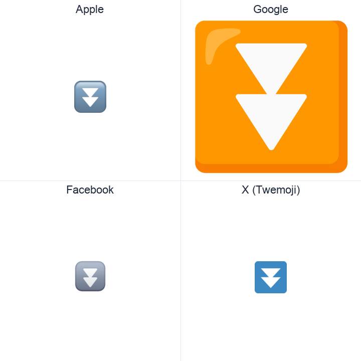 Black Down-Pointing Double Triangle emoji in a square grid: Apple and Google on the top row, Facebook and X Twemoji on the bottom, on white.