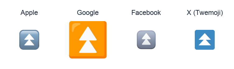 Black Up-Pointing Double Triangle emoji artwork compared side by side for Apple, Google Noto, Facebook, and X Twemoji styles on white.