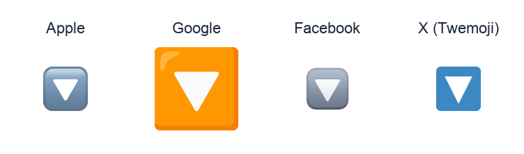 Down-Pointing Small Red Triangle emoji artwork compared side by side for Apple, Google Noto, Facebook, and X Twemoji styles on white.