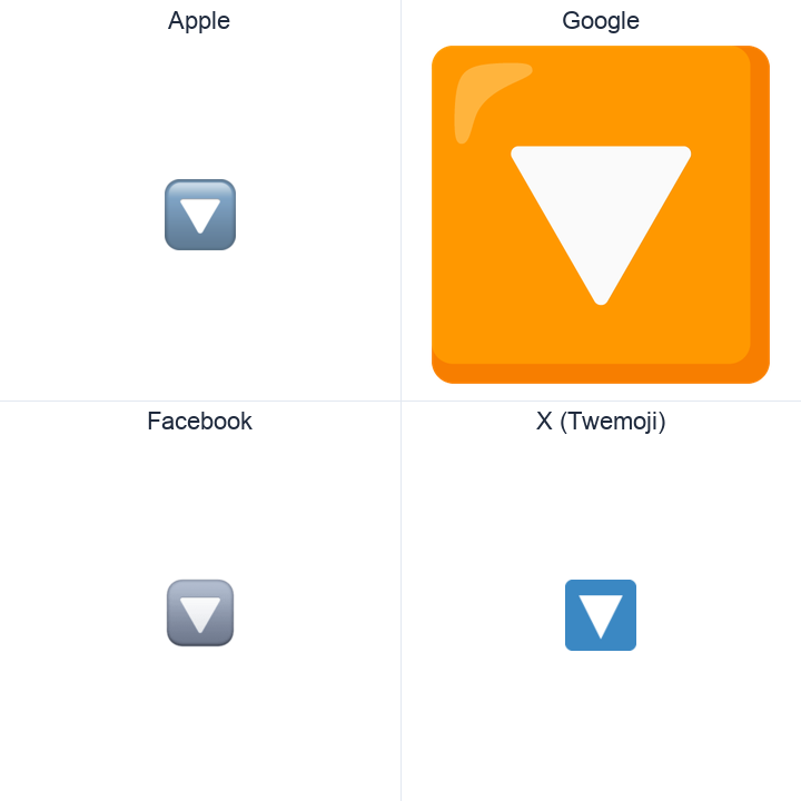 Down-Pointing Small Red Triangle emoji in a square grid: Apple and Google on the top row, Facebook and X Twemoji on the bottom, on white.