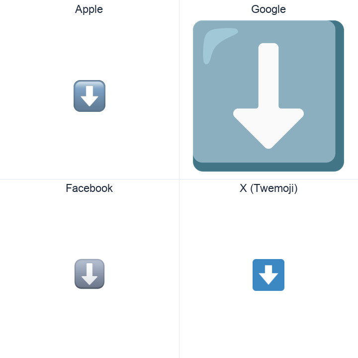 Downwards Black Arrow emoji in a square grid: Apple and Google on the top row, Facebook and X Twemoji on the bottom, on white.