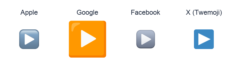 Black Right-Pointing Triangle emoji artwork compared side by side for Apple, Google Noto, Facebook, and X Twemoji styles on white.