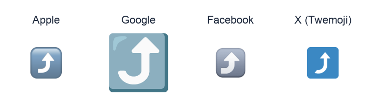Arrow Pointing Rightwards Then Curving Upwards emoji artwork compared side by side for Apple, Google Noto, Facebook, and X Twemoji styles on white.