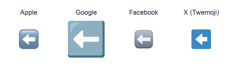 Leftwards Black Arrow emoji artwork compared side by side for Apple, Google Noto, Facebook, and X Twemoji styles on white.