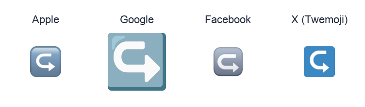 Rightwards Arrow With Hook emoji artwork compared side by side for Apple, Google Noto, Facebook, and X Twemoji styles on white.