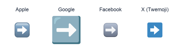 Black Rightwards Arrow emoji artwork compared side by side for Apple, Google Noto, Facebook, and X Twemoji styles on white.