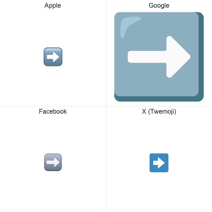 Black Rightwards Arrow emoji in a square grid: Apple and Google on the top row, Facebook and X Twemoji on the bottom, on white.
