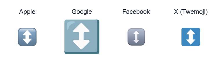 Up Down Arrow emoji artwork compared side by side for Apple, Google Noto, Facebook, and X Twemoji styles on white.