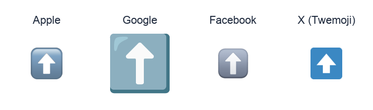 Upwards Black Arrow emoji artwork compared side by side for Apple, Google Noto, Facebook, and X Twemoji styles on white.