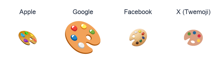 Artist Palette emoji artwork compared side by side for Apple, Google Noto, Facebook, and X Twemoji styles on white.