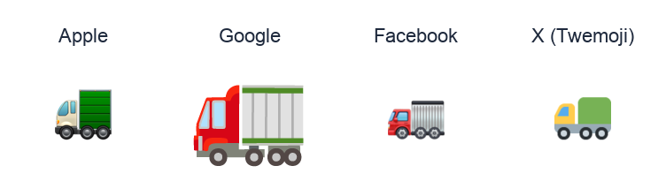 Articulated Lorry emoji artwork compared side by side for Apple, Google Noto, Facebook, and X Twemoji styles on white.