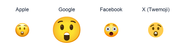 Astonished Face emoji artwork compared side by side for Apple, Google Noto, Facebook, and X Twemoji styles on white.