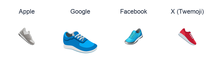 Athletic Shoe emoji artwork compared side by side for Apple, Google Noto, Facebook, and X Twemoji styles on white.