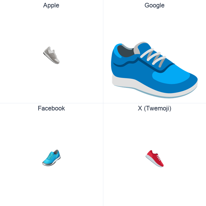 Athletic Shoe emoji in a square grid: Apple and Google on the top row, Facebook and X Twemoji on the bottom, on white.