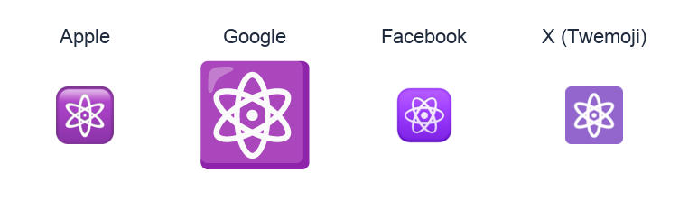 Atom Symbol emoji artwork compared side by side for Apple, Google Noto, Facebook, and X Twemoji styles on white.