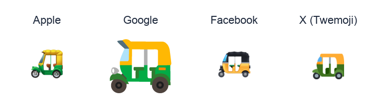 Auto Rickshaw emoji artwork compared side by side for Apple, Google Noto, Facebook, and X Twemoji styles on white.