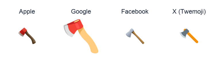 Axe emoji artwork compared side by side for Apple, Google Noto, Facebook, and X Twemoji styles on white.