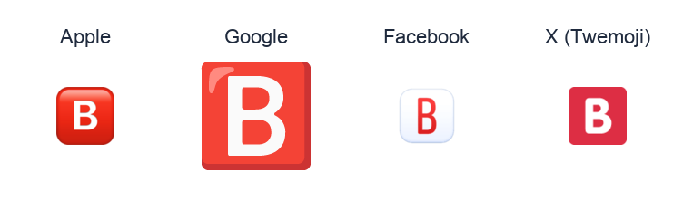 Negative Squared Latin Capital Letter B emoji artwork compared side by side for Apple, Google Noto, Facebook, and X Twemoji styles on white.