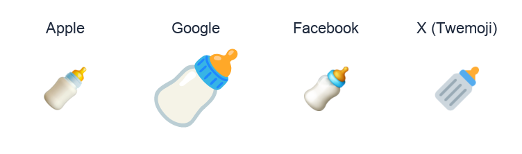 Baby Bottle emoji artwork compared side by side for Apple, Google Noto, Facebook, and X Twemoji styles on white.