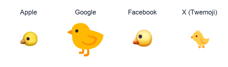 Baby Chick emoji artwork compared side by side for Apple, Google Noto, Facebook, and X Twemoji styles on white.