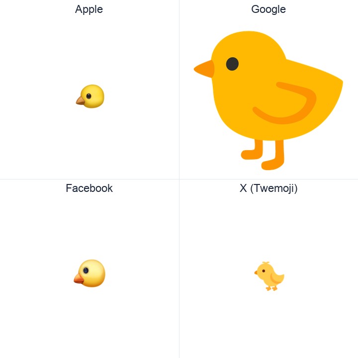 Baby Chick emoji in a square grid: Apple and Google on the top row, Facebook and X Twemoji on the bottom, on white.
