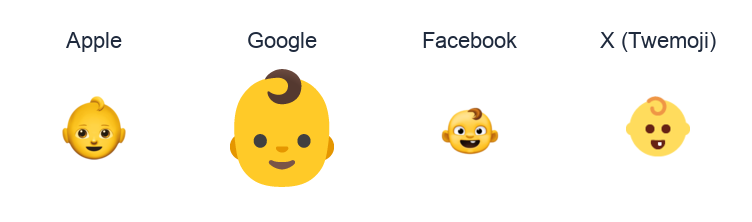 Baby emoji artwork compared side by side for Apple, Google Noto, Facebook, and X Twemoji styles on white.
