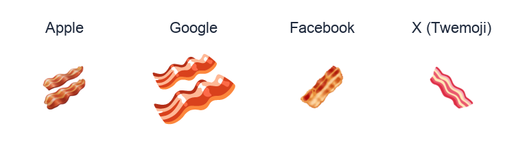 Bacon emoji artwork compared side by side for Apple, Google Noto, Facebook, and X Twemoji styles on white.